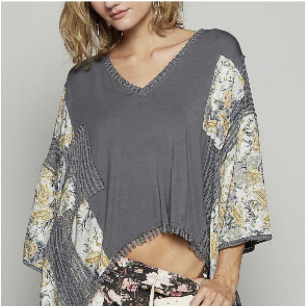 POL Garden Party Patchwork Top With A Charcoal Gray Bodice And Floral Sleeves S